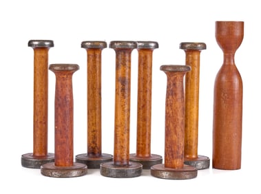 (7) ANTIQUE BOBBINS & (1) CANDLESTICK