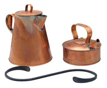 (2) ANTIQUE COPPER KETTLES AND A WROUGHT IRON HOOK
