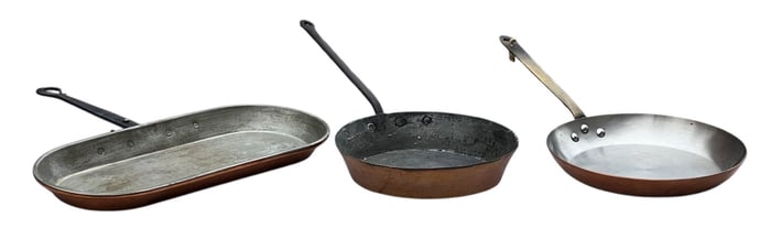 (2) CONTEMPORARY COPPERS PANS w/ (1) ANTIQUE PAN