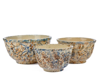 (3) BROWN & BLUE SPONGEWARE MIXING BOWLS