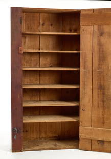 (7) SHELF PINE CUPBOARD: With porcelain pull, iron hardware and pine latch. 78 1/2 x 44 x 15 3/4 inches. Condition: Good. Age related wear. At one point door was converted to left hand swing. Temp No 2713