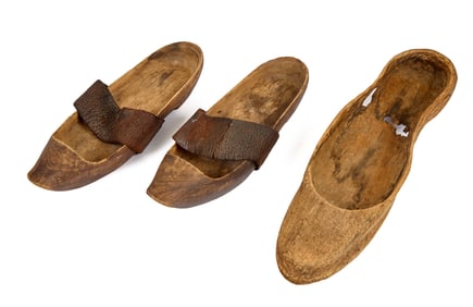 PAIR OF CARVED (19th/20th c) CLOGS & a SINGLE