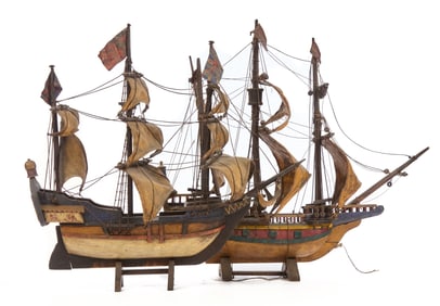 (2) (20th c) DECORATIVE HAND PAINTED SHIP MODELS