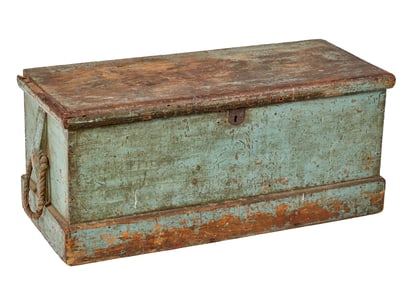 (19th c) SEA CHEST in ROBIN'S EGG BLUE PAINT