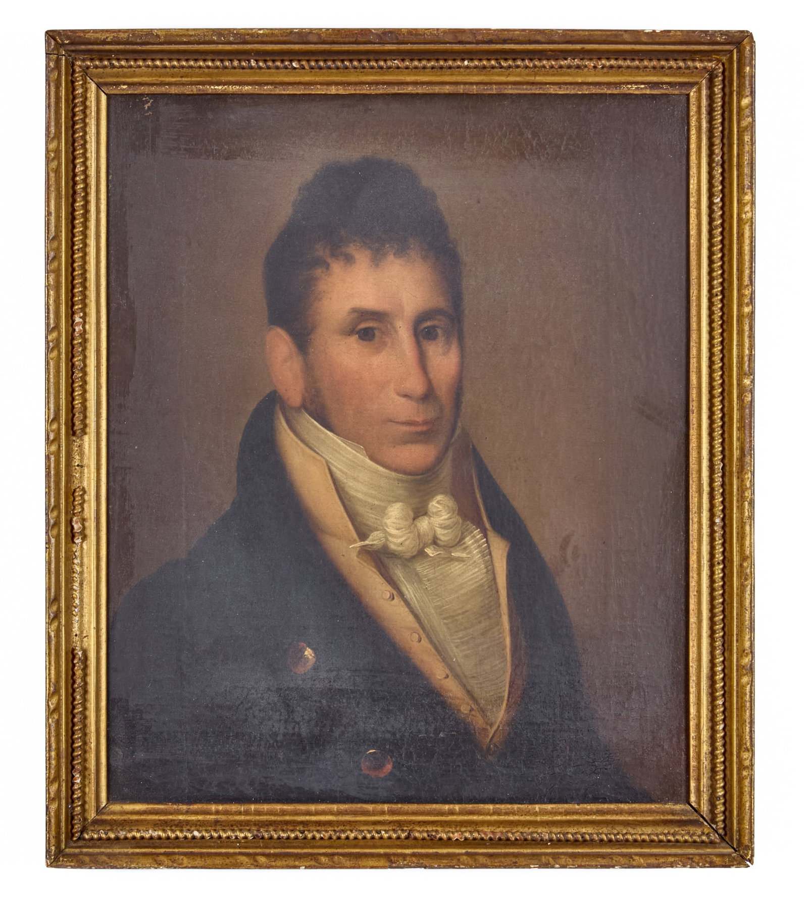 FEDERAL PERIOD PORTRAIT of a MERCHANT/SEA CAPTAIN: "The Merchant/Sea Captain", oil on canvas 16 1/4 x 13 1/2 inches overall including frame, unsigned. Inscribed verso "Captain Samuel Page 1777-1834". 18 12 x 15 1/2 inches overall including frame. Cond