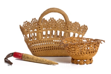WHALE BONE FID & CROTCHETED BASKET and FOOTED BOWL