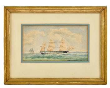 FULL-RIGGED BRIG under SAIL off the COAST