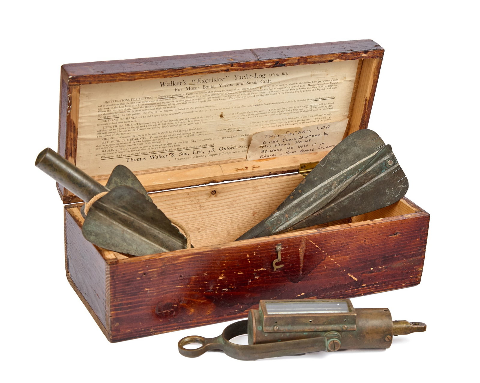 WALKER'S "EXCELSIOR" YACHT-LOG: 5 1/4 x 15 3/4 x 6 1/2 inches (case). Together with a note identifying this a possibly having been used by the racing yacht Yankee on its Atlantic voyage. Condition: Signs of use and age. Temp No 2113