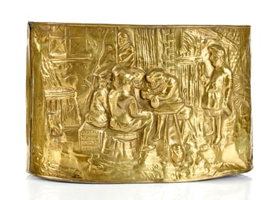 (19th c) BRASS HEARTH BUCKET with TAVERN SCENE