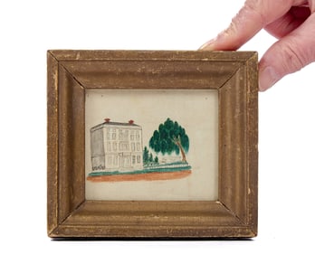 MINIATURE (19th c) WATERCOLOR of a HOUSE & WILLOW