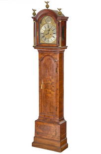 (18th c) THOMAS MOORE ENGLISH TALL CASE CLOCK: Ipswich eight day striking movement with brass and silver dial in a walnut case, arched hood with fluted and reeded pillars. 90 x 20 3/4 x 10 1/4 inches. Condition: List of repairs is pictured. Temp N