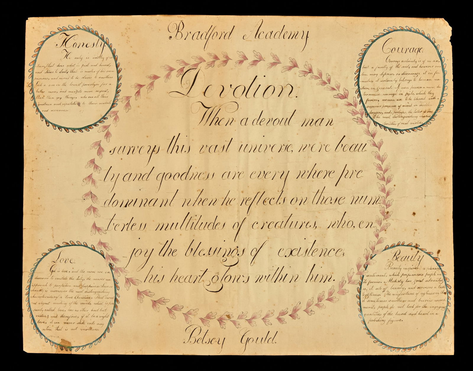 BRADFORD ACADEMY "DEVOTION": Bradford Academy (founded 1803) penmanship / calligraphy lesson 17 x 19 1/2 inches. Condition: Cockling. Temp No 2454