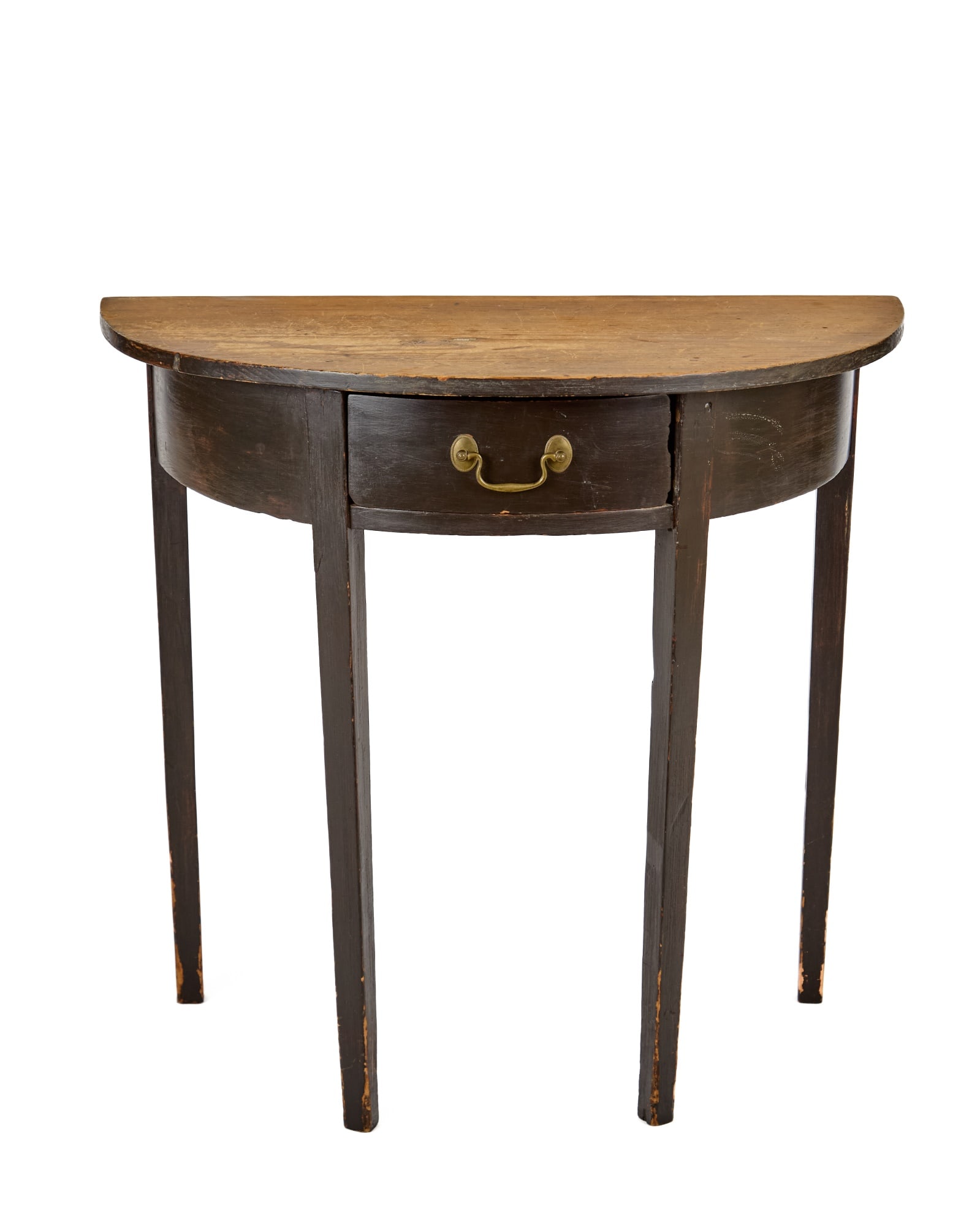 FEDERAL PERIOD COUNTY HEPPLEWHITE CONSOLE TABLE: Demilune top with scrub finish over black painted apron with single drawer and tapered legs. Drawer is marked "1802 F. Plummer" on both sides of the drawer. 28 x 29 1/2 x 15 inches Condition: Good. Te