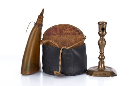 HUGUENOT CANDLESTICK, POWDER HORN & POCKET