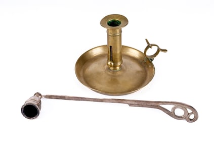 (19th c) BRASS CHAMBERSTICK & SILVER SNUFFER
