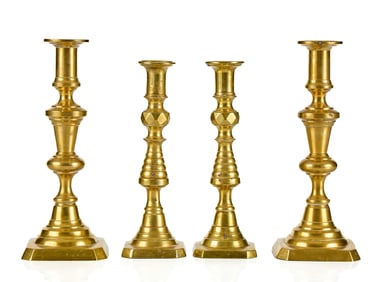 (2) PAIRS of (19th c) BRASS PUSH-UP CANDLESTICKS