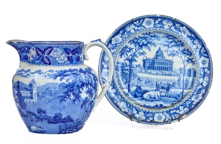 (19th c) TRANSFERWARE PITCHER & PLATE
