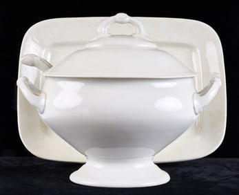 OPAQUE STONE CHINA TOUREEN, UNDERPLATE & LADLE