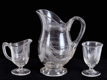 GARFIELD DRAPE GLASS PITCHER, CREAMER & CUP