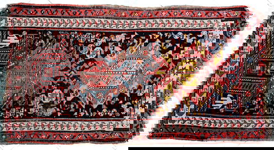 HAND WOVEN CAUCASIAN ORIENTAL AREA RUG: Hand knotted wool rug With geometric designs. 2 feet 8 inches x 5 feet. Condition: Losses, tears to edges and corners. Threadbare in spots. Temp No 2008