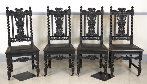 (4) CARVED EBONIZED GOTHIC REVIVAL SIDE CHAIRS