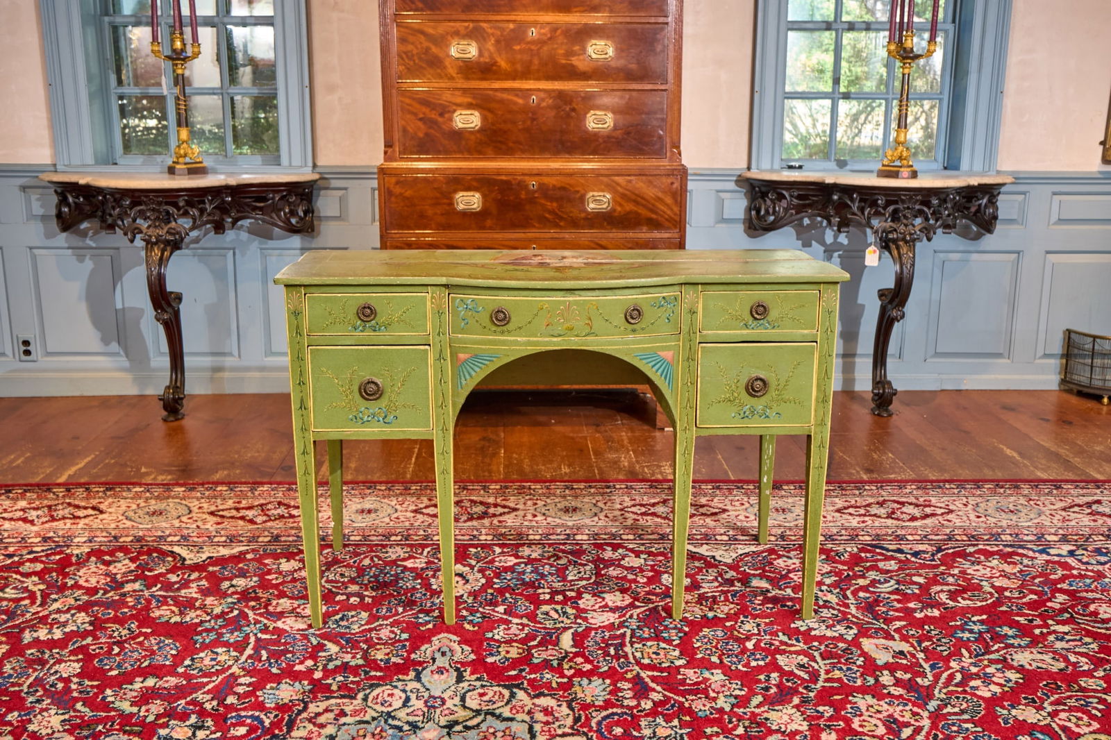 (19th c) BOW FRONT DESK IN GREEN PAINT (1 of 8)