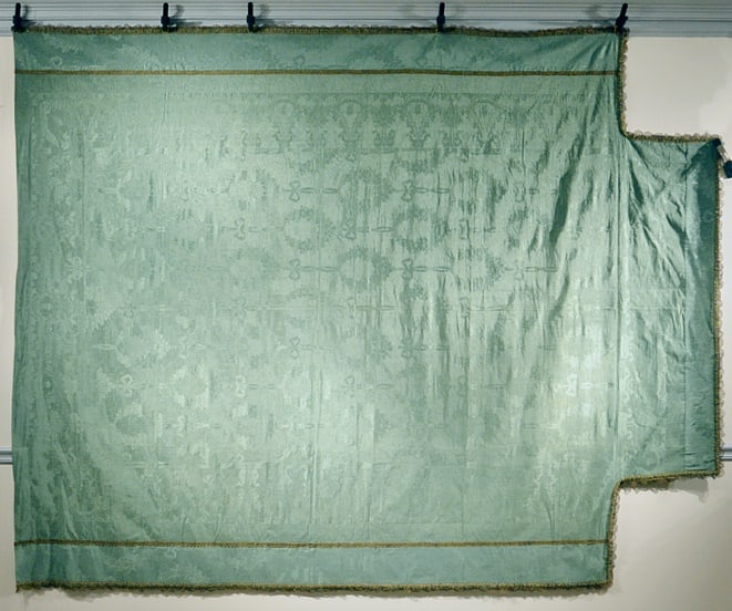 FITTED (19th c) FRENCH GREEN SILK DAMASK BEDSPREAD (1 of 2)