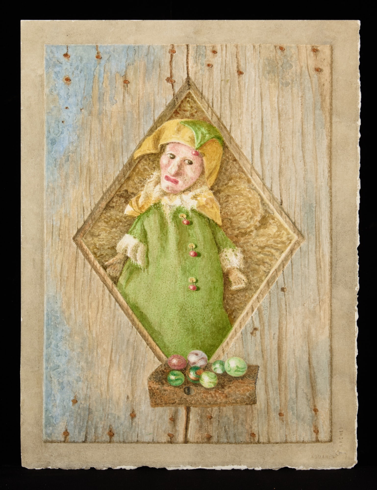 "I STILL HAVE MY MARBLES" by R. ESHOO (1926-2018): Watercolor 19 x 14 1/4 inches. signed verso. #RE265. Condition: Good Temp No 7128