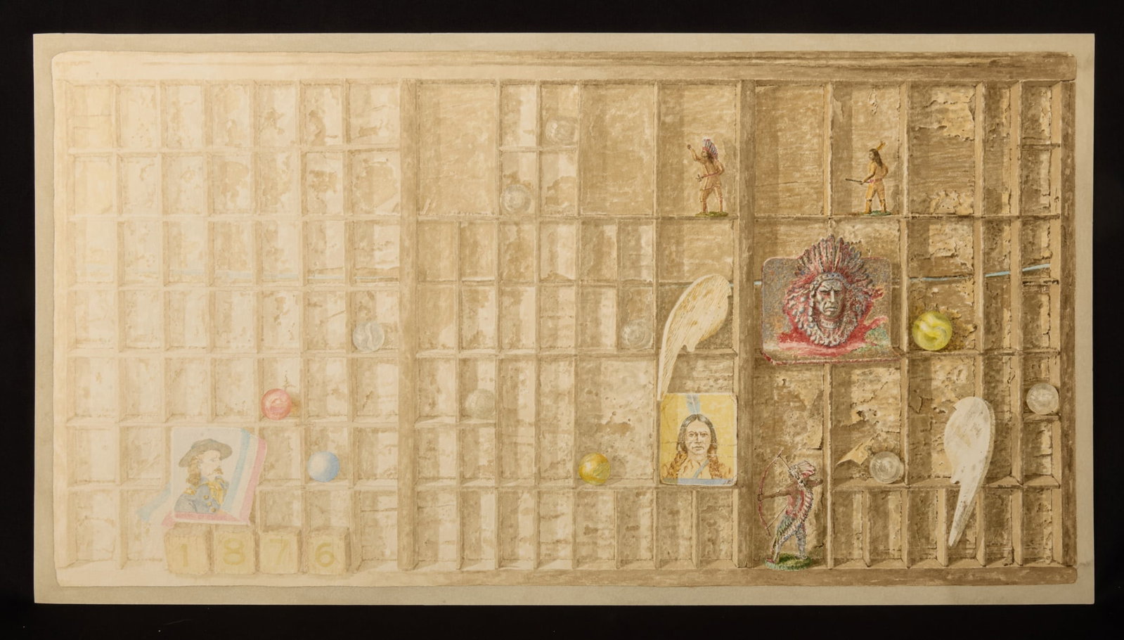 "HISTORY and SIOUX LORE" by R. ESHOO (1926-2018): Watercolor 17 1/2 x 32 3/4 inches. signed, titled and dated verso. Condition: Good Temp No 7278