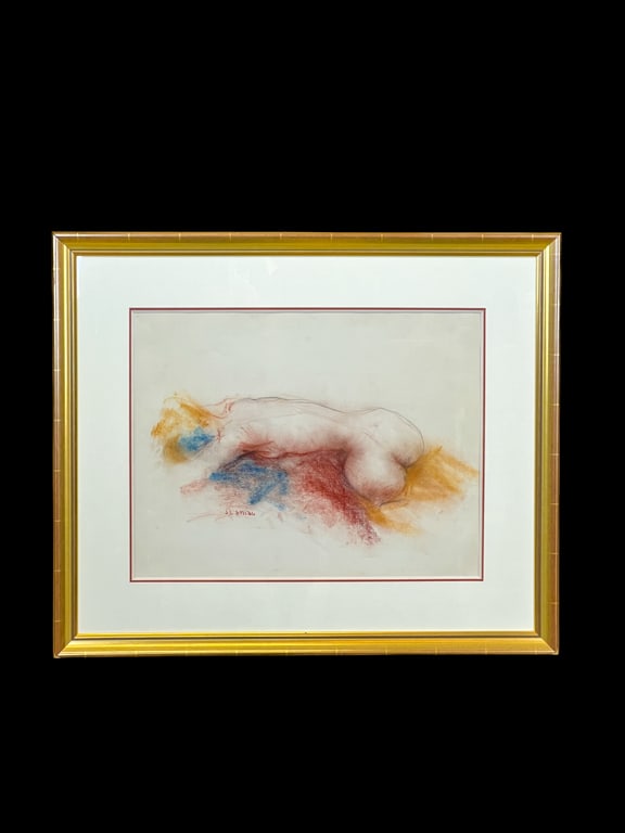 JEAN LANIAU (B-1931) "RECUMBENT NUDE": Chalk on paper. Signed. Framed. 34 1/2 x 29 inches. Condition: Good.