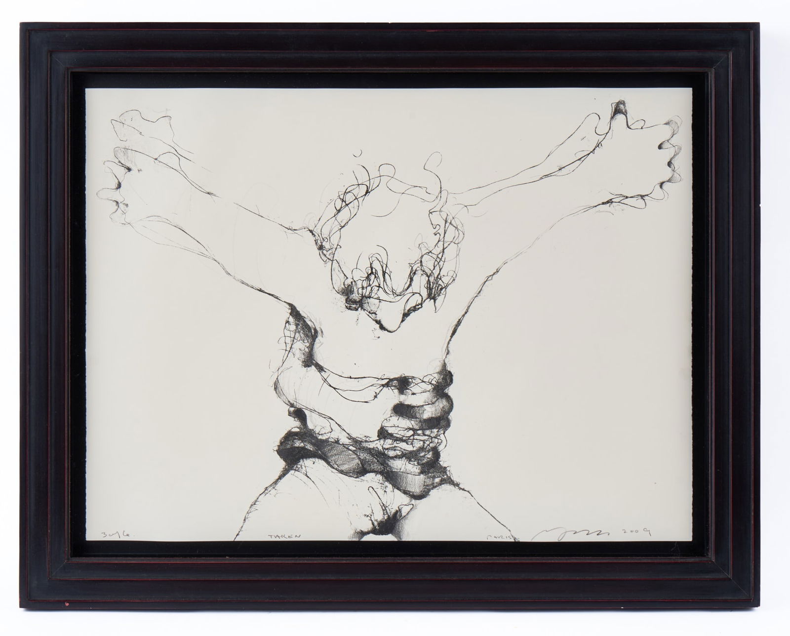 BOB MEYER (20th/21stc) "TAKEN": Lithograph on paper. Pencil signed, titled and numbered 3/6. Framed. 24 x 30 1/2 inches. Note: Director of numerous films including "Drunkboat" starring John Malkovich and John Goodman. Condition: Goo