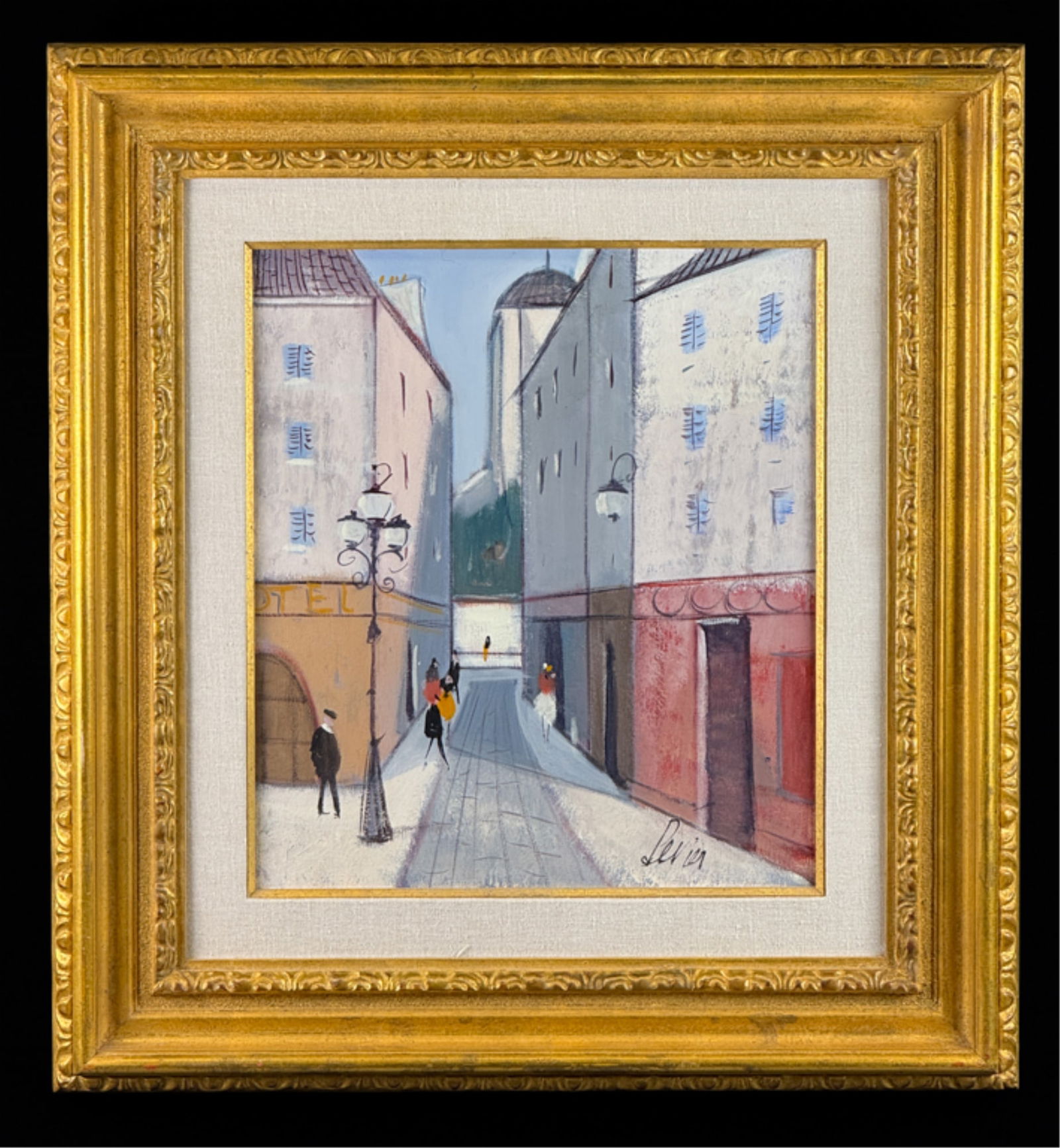 CHARLES LEVIER (1920-2003) "LA RUE": Oil on canvas. Signed lower left. Signed and titled verso. Housed in fine quality gilded frame. 25 3/8 x 23 1/4 inches. View 15 1/2 x 13 1/2 inches. Condition: Good.
