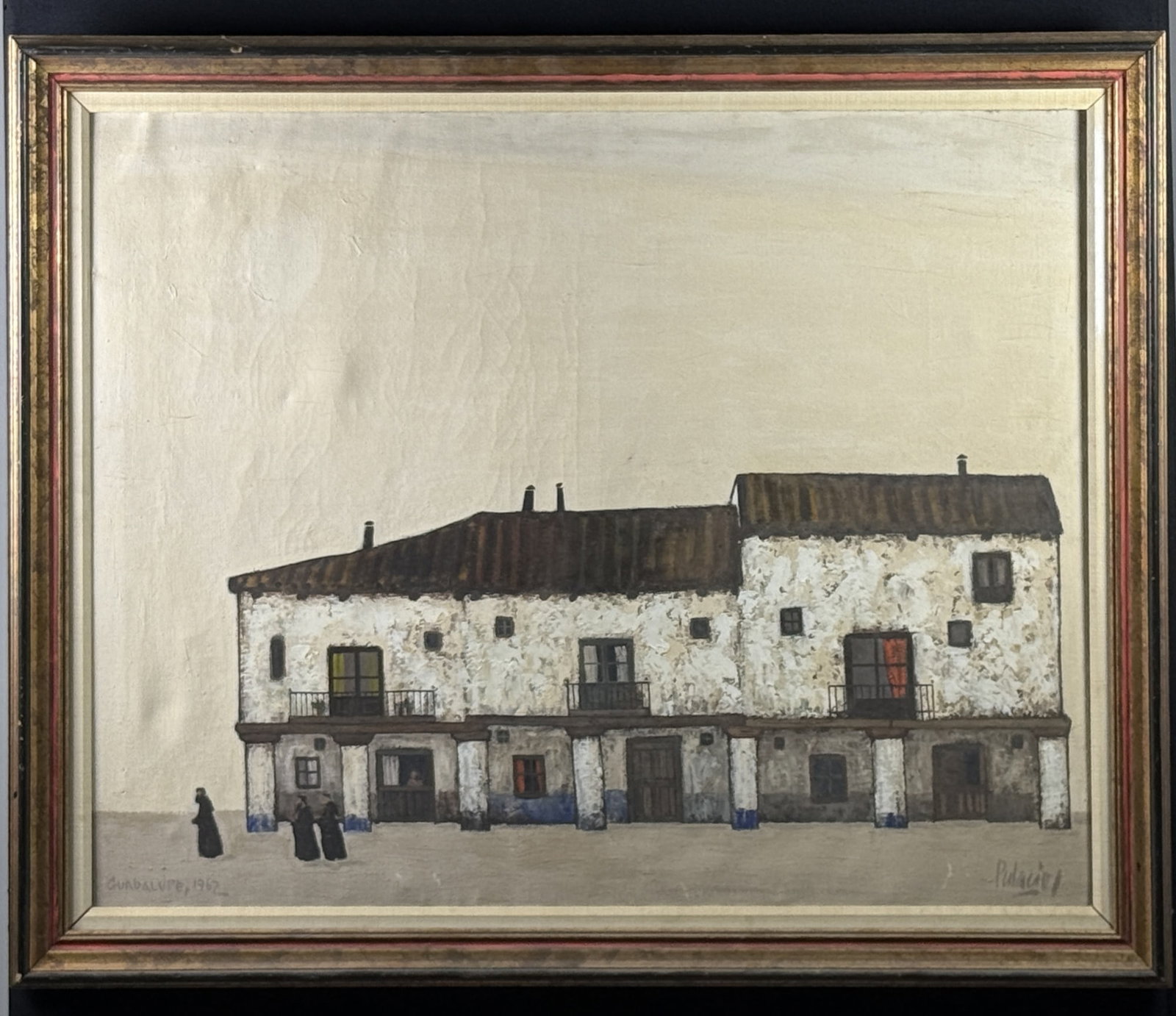 PASCUAL PALACIOS TARDEZ (1920-1994) "GUADALUPE 62": Oil on canvas. Signed bottom right and titled "Guadalupe 1962" View 25 1/8 x 31 1/4 inches. Framed 30 1/4 x 36 1/4 inches. Condition: Craquelure. See photos.