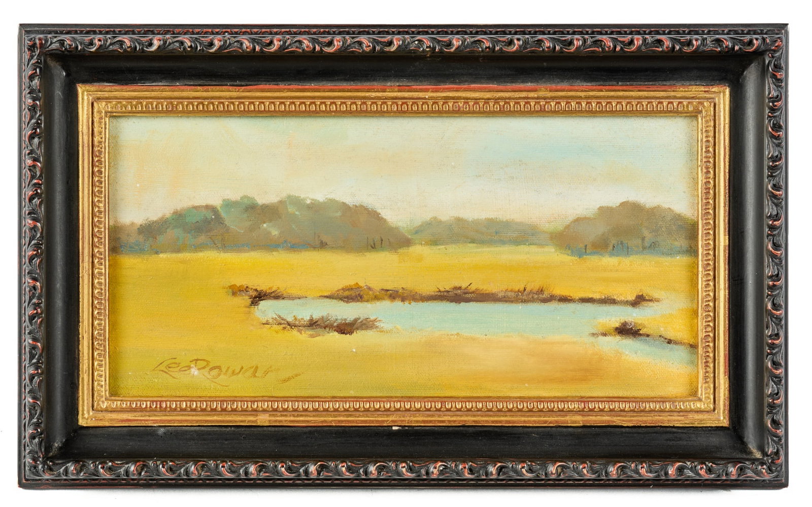 LEE ROWAN (20th c) Newburyport: Newbury Marshes. oil on canvas 5 1/2 x 11 1/2 inches. signed. framed. 9 x 15 inches (overall) Condition: Good Temp No 7566
