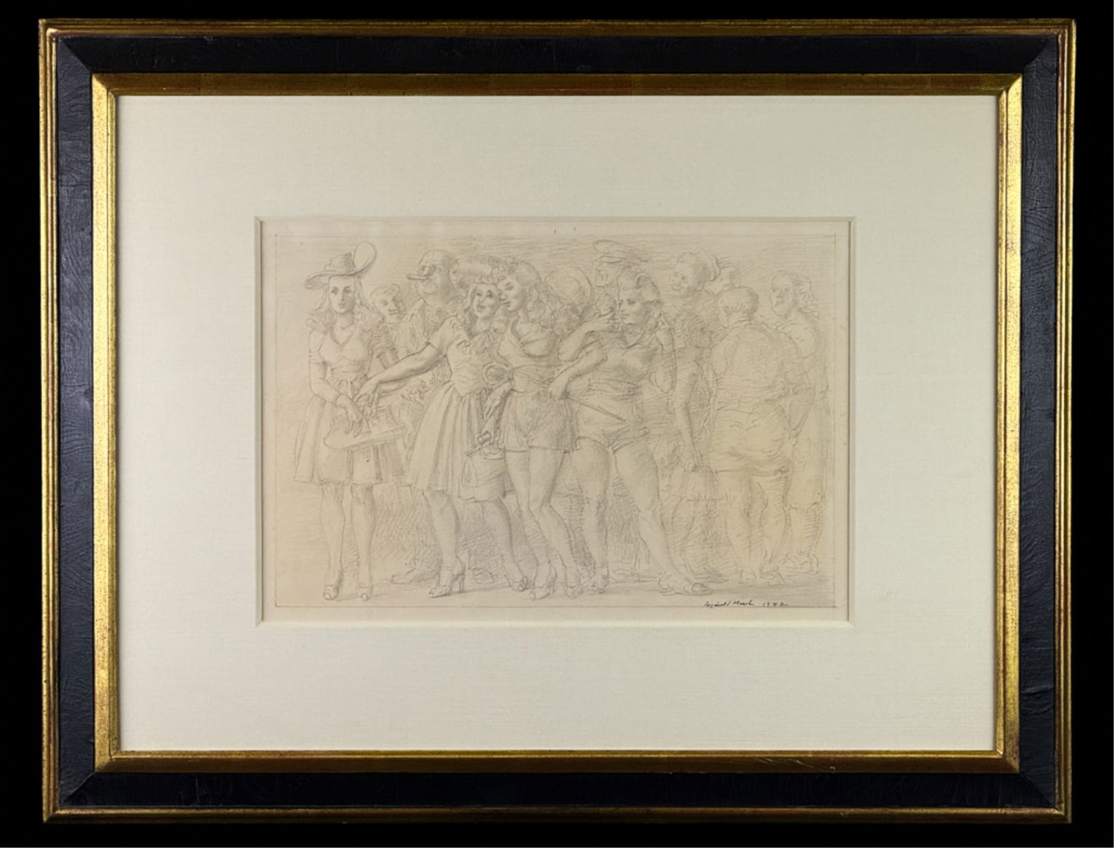 REGINALD MARSH (1898-1954) "WATCHING THE PARADE": Pencil on paper. Signed and dated 1942. Retains label from the DC Moore Gallery, NYC. Work measures 8 x 12 inches. Framed 17 3/8 x 22 1/4 inches. Condition: Fading.