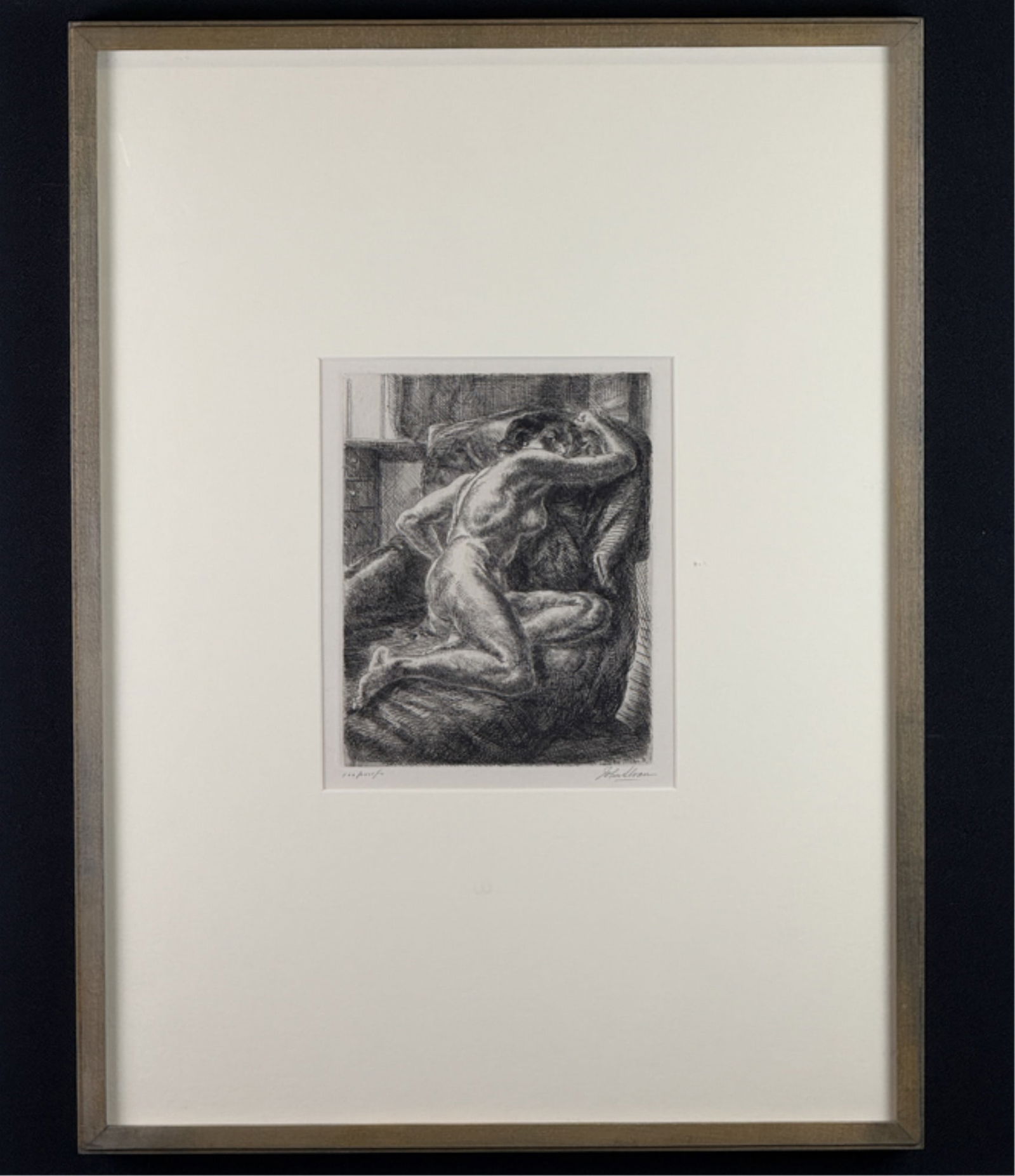 JOHN SLOAN (1871-1951) "NUDE ON DRAPED COUCH": 1931 etching. Edition of 100. Pencil signed. Retains label from Kraushaar Galleries, NYC. View 7 1/2 x 6 1/8 inches. Framed 19 3/4 x 14 3/4 inches. Condition: Good.