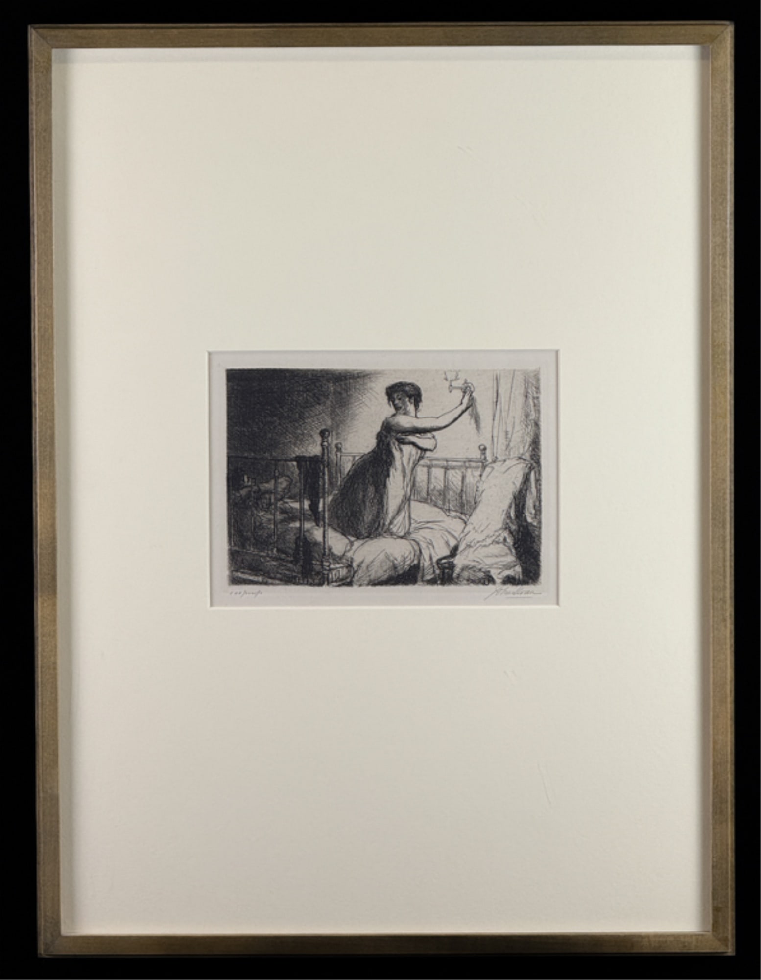 JOHN SLOAN (1871-1951) "TURNING OUT THE LIGHT": 1905 etching. Edition of 100. Pencil signed. Retains label from Kraushaar Galleries, NYC. View 5 1/4 x 7 3/8 inches. Framed 19 3/4 x 14 3/4 inches. Condition: Good.