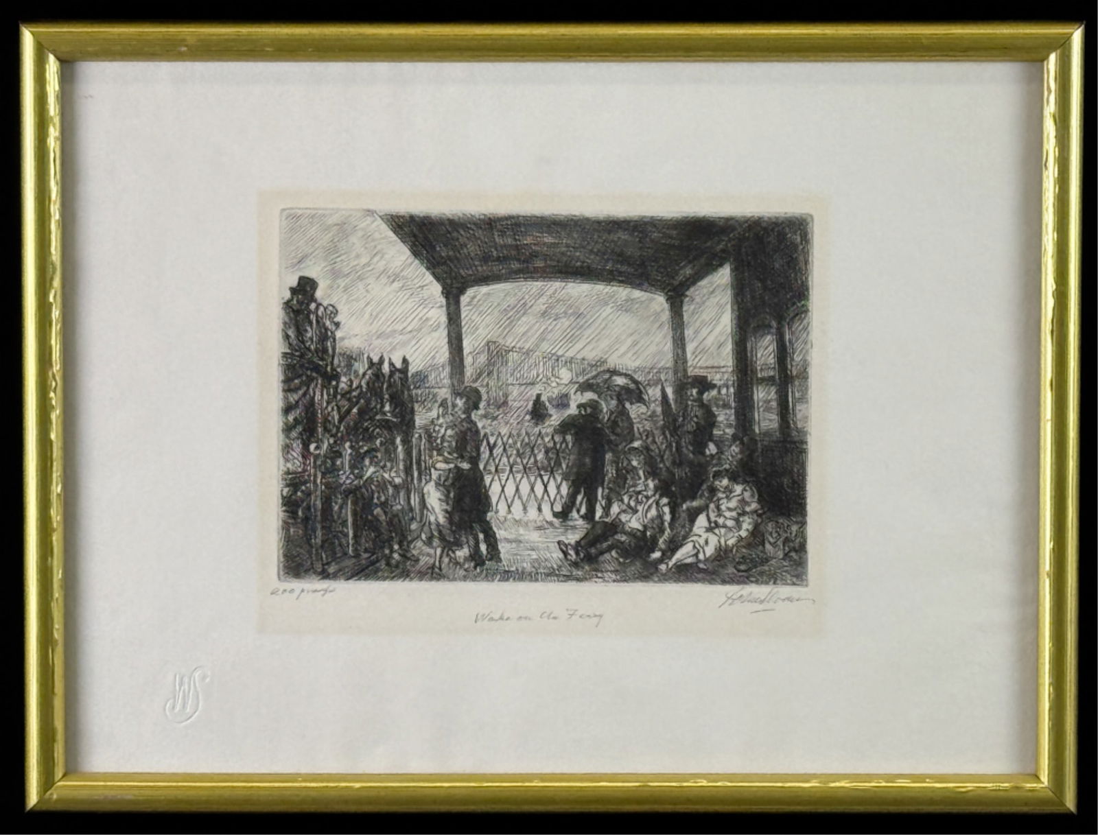 JOHN SLOAN (1871-1951) "WAKE ON THE FERRY": 1949 Etching Pencil signed, titled and editioned "200 proofs". 350 editions (from an intended 200), with 200 for The Art Students League and 150 for the artist's personal use. Full margins. Work measu