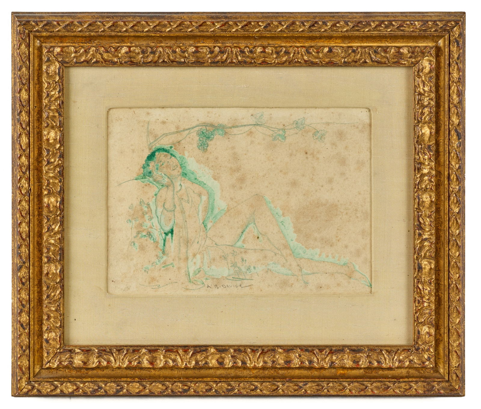 ARTHUR BOWEN DAVIES (1862 - 1928): Nude under Grapevine. pencil and gouache 6 x 8 1/2 inches. signed. framed 12 1/2 x 14 3/4 inches Condition: Foxing, toning Temp No 7551