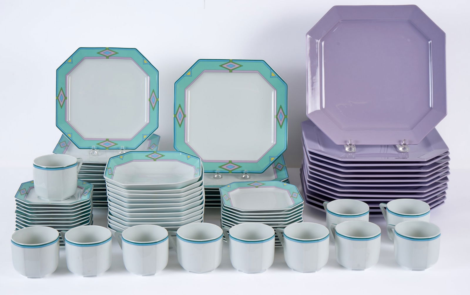 BERNARDAUD LIMOGES "OTELLO" MODERNIST DINNER SET: (13) saucers & (11) cups, (13) bread plates, (13) salad plates, (12) bowls, & (7) dinner plates. 9 inches. Condition: Good. Temp No 7723