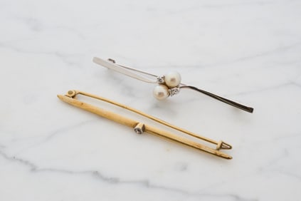 (2) 14K GOLD BAR PINS w DIAMONDS