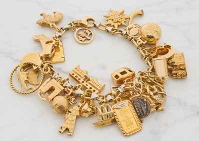 18K GOLD CHARM BRACELET w 14/18k EUROPEAN CHARMS
