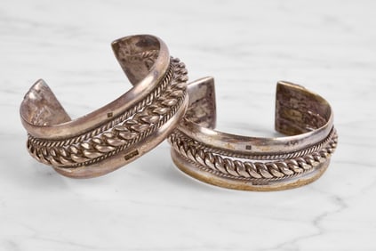 PAIR EGYPTIAN SILVER HAND WROUGHT CUFFS