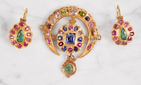 14K GOLD w GEMSTONE EARRINGS & BROOCH SET