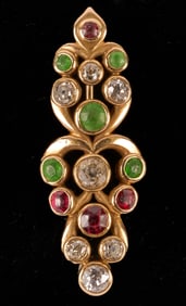 14K GOLD DIAMOND, EMERELD & RUBY BROOCH