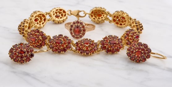 14k GOLD GARNET INCRUSTED EARRINGS & BRACELET etc