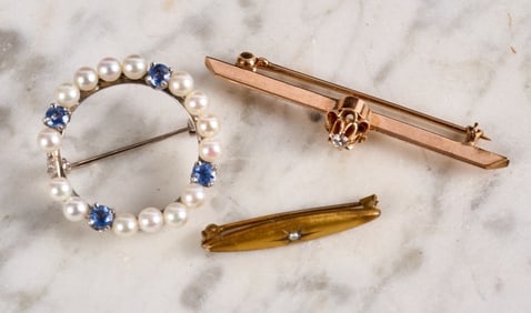 14k GOLD PEARL & SAPPHIRE PIN & (2) BAR PINS