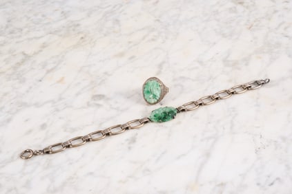 SILVER BRACELET and RING set with CARVED JADE