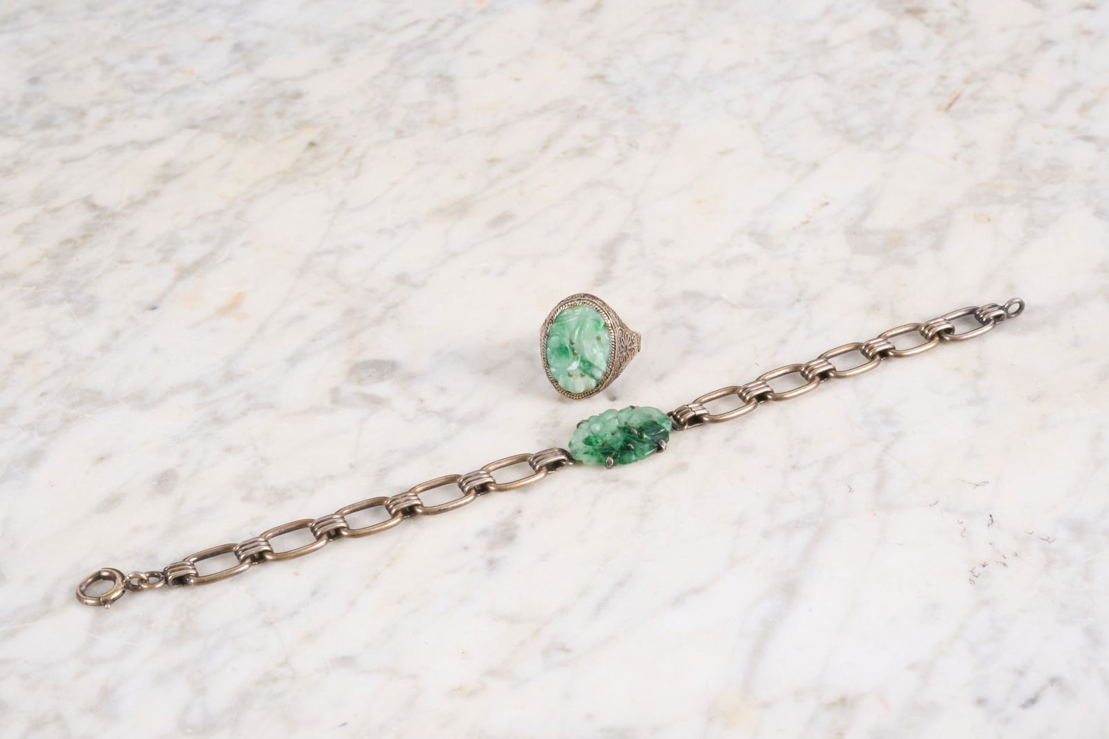 SILVER BRACELET and RING set with CARVED JADE (1 of 16)