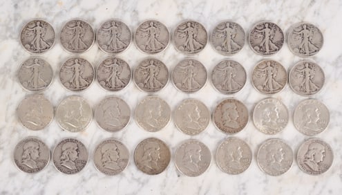 (16) FRANKLIN & (16) WALKING LIBERTY HALF DOLLARS